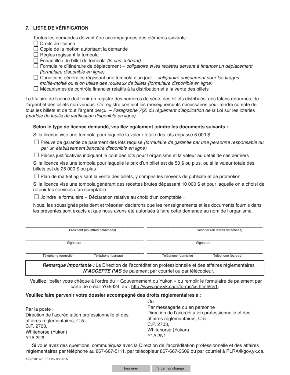 Forme YG5101 Application for Raffle Licence - Yukon, Canada (French), Page 3