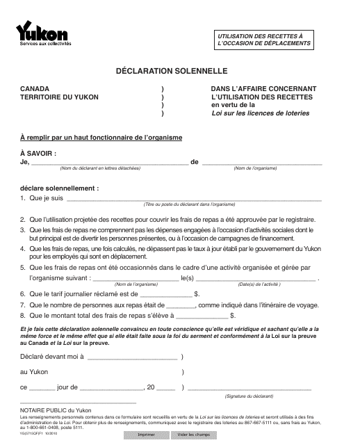 Forme YG5715 Statutory Declaration - Yukon, Canada (French)