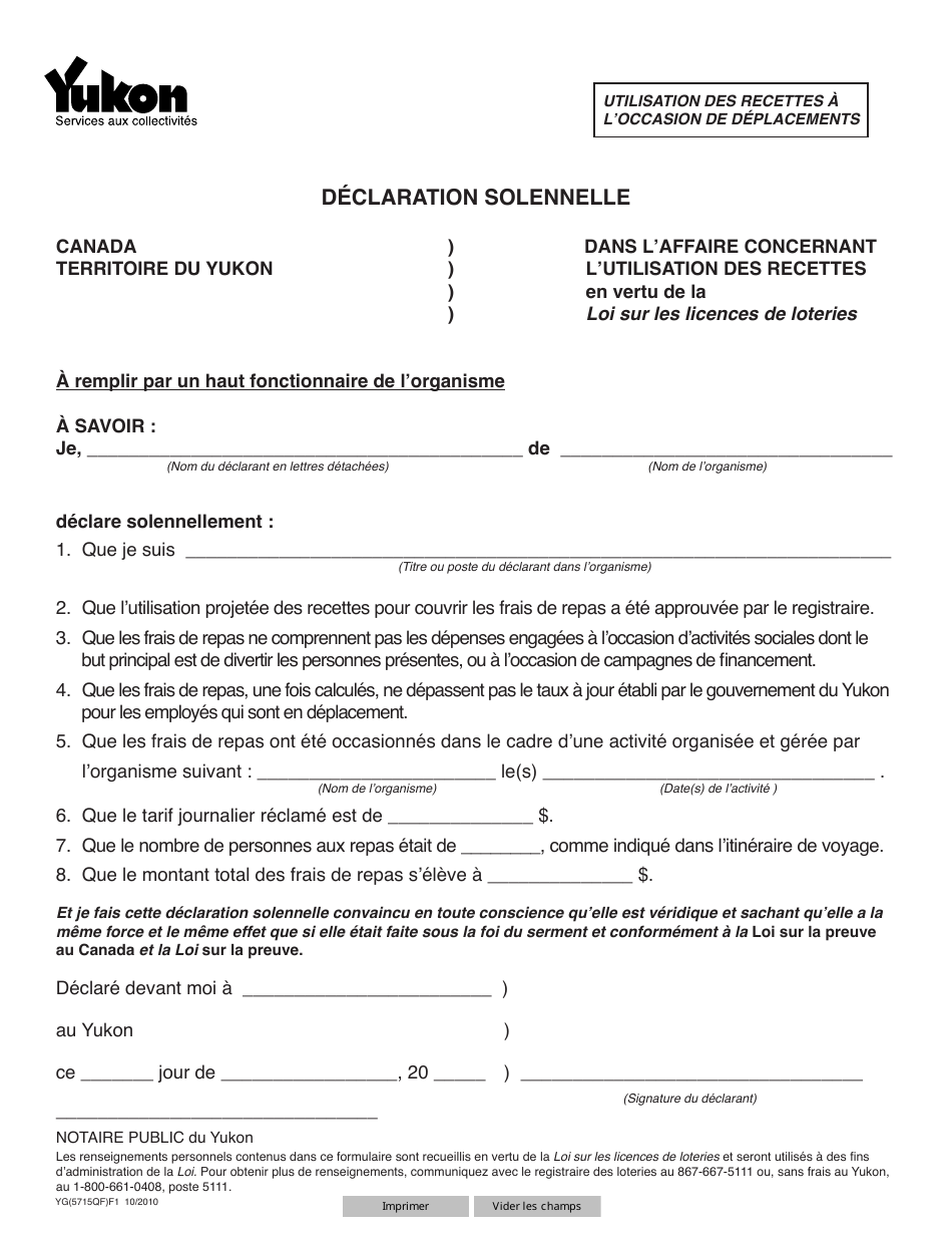 Forme YG5715 Statutory Declaration - Yukon, Canada (French), Page 1