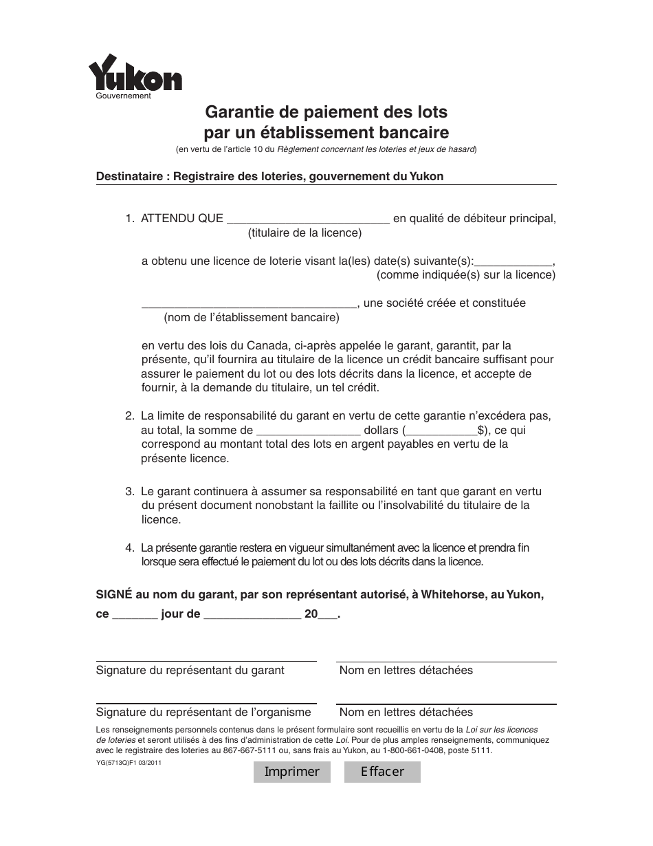 Forme YG5713 Prize Guarantee by Financial Institution - Yukon, Canada (French), Page 1