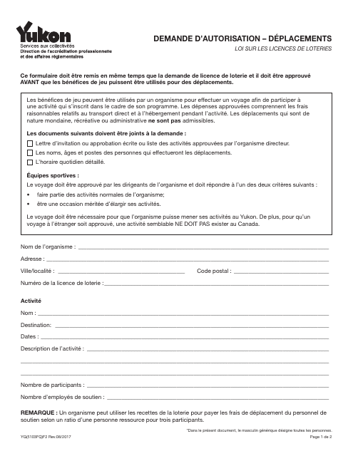 Forme YG5103 Demande D'autorisation - Deplacements - Yukon, Canada (French)