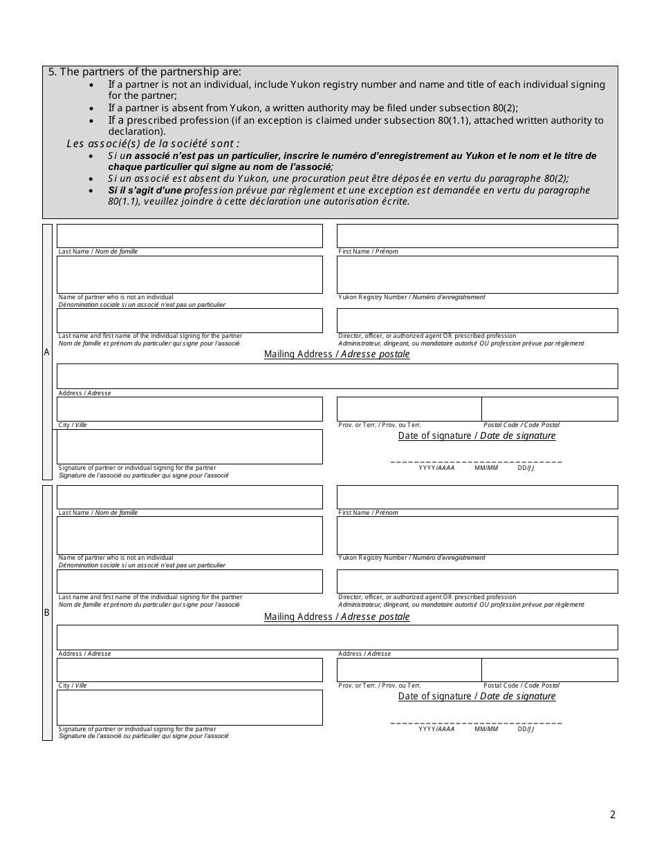 Form 4 (YG6192) Declaration of Partnership - Yukon, Canada (English / French), Page 2