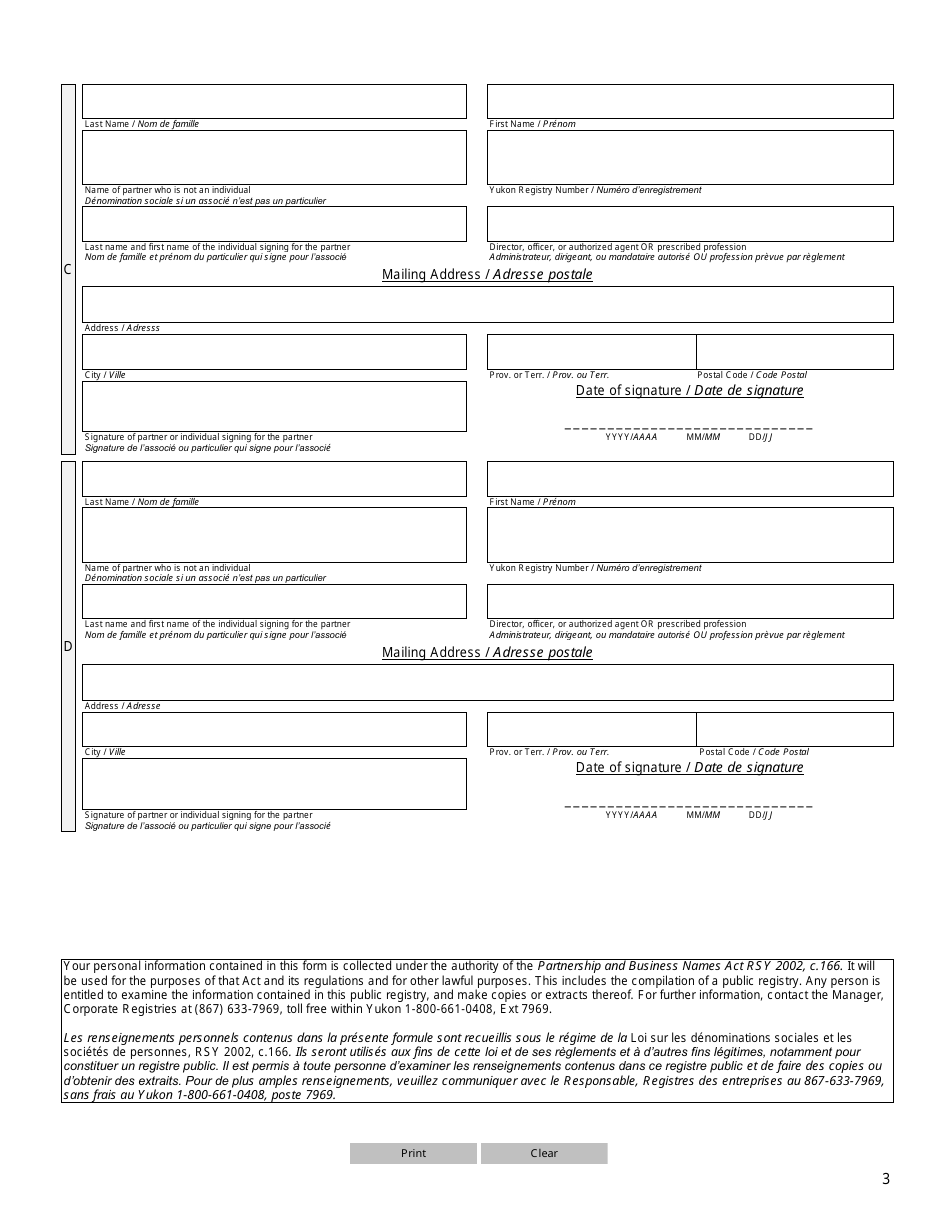 Form 4 (YG6192) Declaration of Partnership - Yukon, Canada (English / French), Page 3