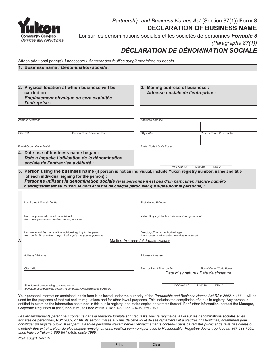 Form 8 (YG6196) Declaration of Business Name - Yukon, Canada (English / French), Page 1