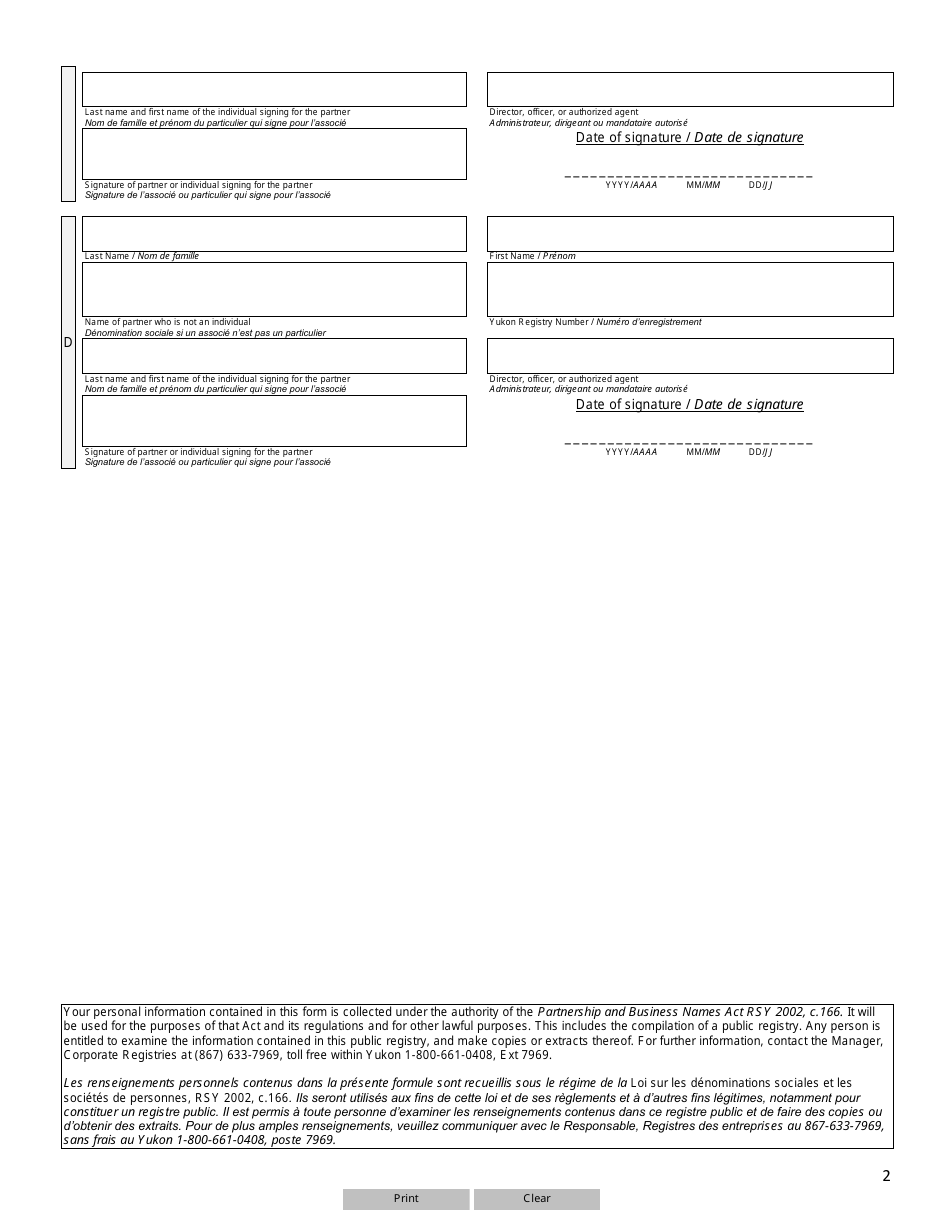 Form 7 (YG6195) Declaration of Dissolution of Partnership - Yukon, Canada (English / French), Page 2