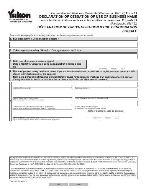 Form 11 (YG6199) Declaration of Cessation of Use of Business Name - Yukon, Canada (English/French)