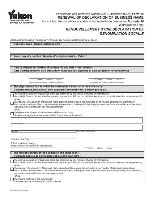 Form 10 (YG6198) Renewal of Declaration of Business Name - Yukon, Canada (English/French)
