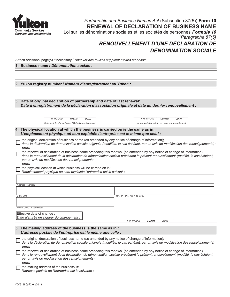 Form 10 (YG6198) Renewal of Declaration of Business Name - Yukon, Canada (English / French), Page 1