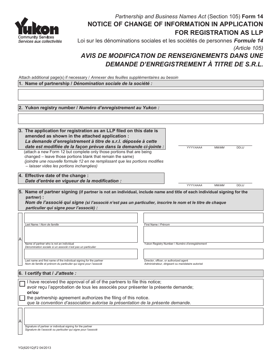 Form 14 (YG6201) Notice of Change of Information in Application for Registration as Llp - Yukon, Canada (English / French), Page 1