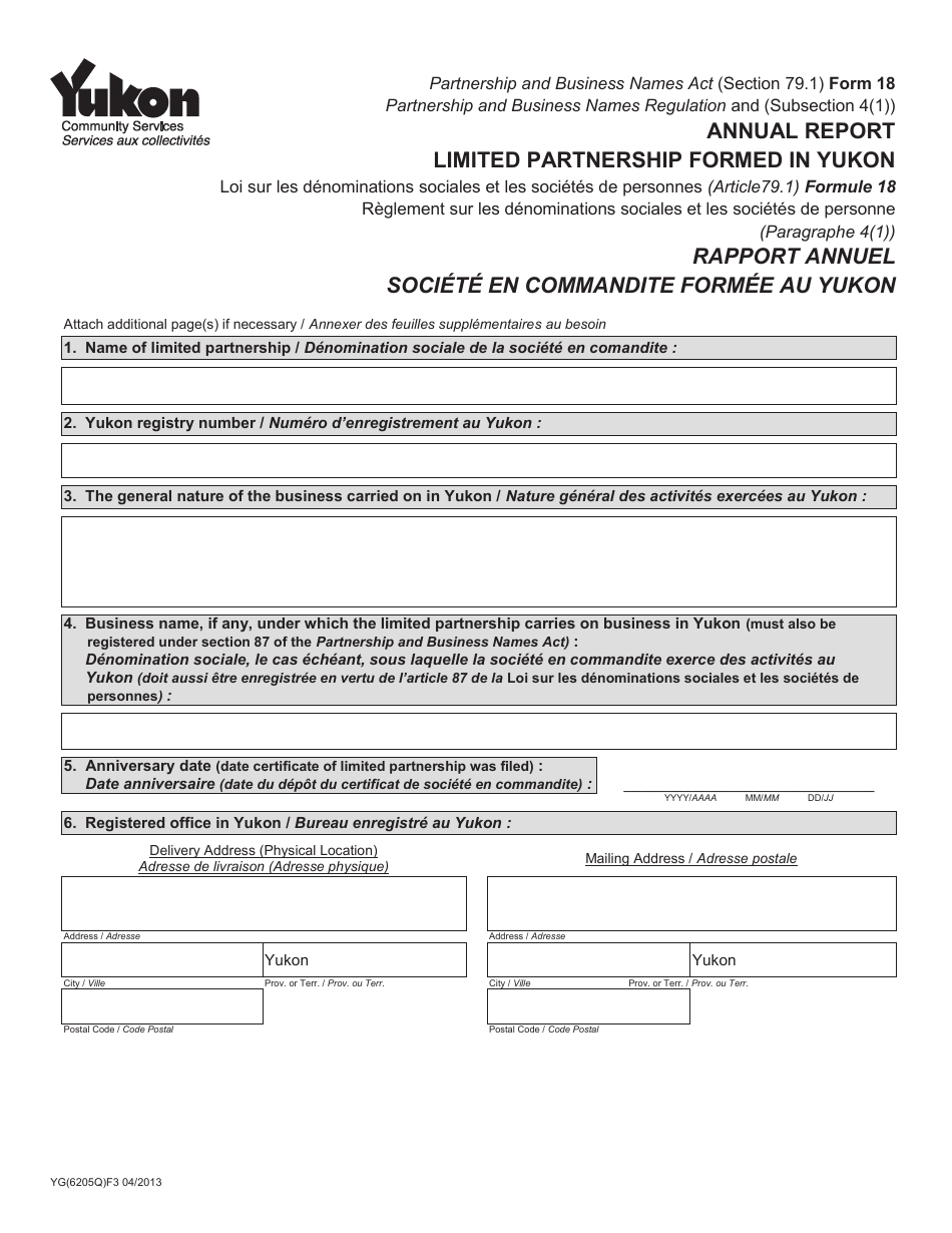 Form 18 (YG6205) Annual Report Limited Partnership Formed in Yukon - Yukon, Canada (English / French), Page 1