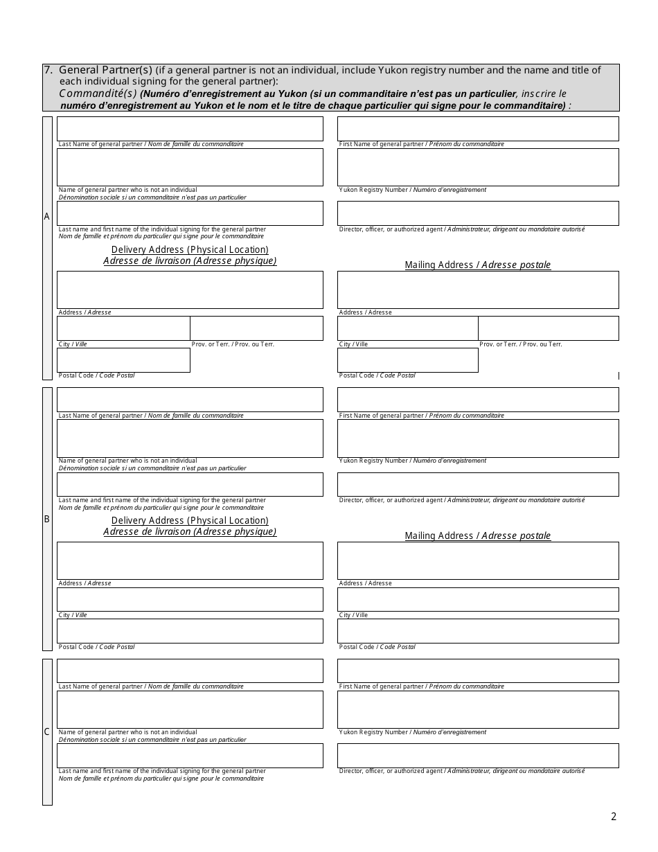 Form 18 (YG6205) Annual Report Limited Partnership Formed in Yukon - Yukon, Canada (English / French), Page 2