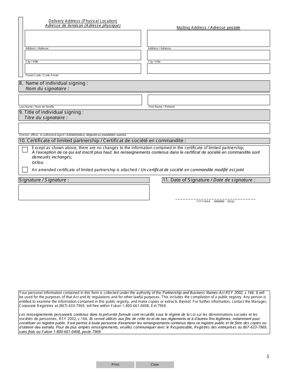 Form 18 (YG6205) Annual Report Limited Partnership Formed in Yukon - Yukon, Canada (English / French), Page 3