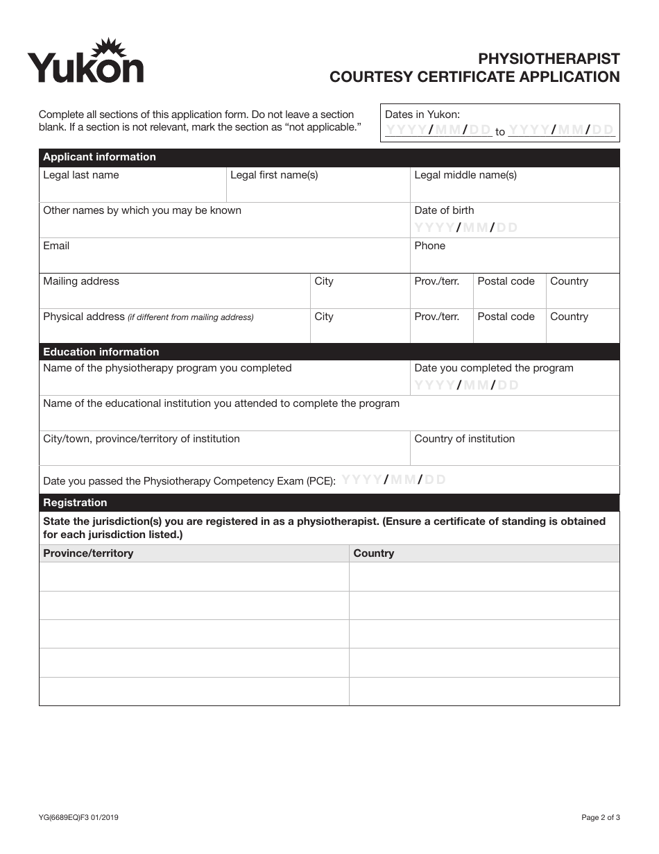Form YG6689 Physiotherapist Courtesy Certificate Application - Yukon, Canada, Page 3
