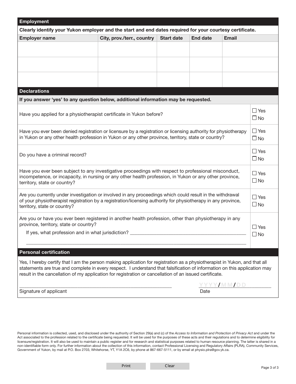 Form YG6689 Physiotherapist Courtesy Certificate Application - Yukon, Canada, Page 4