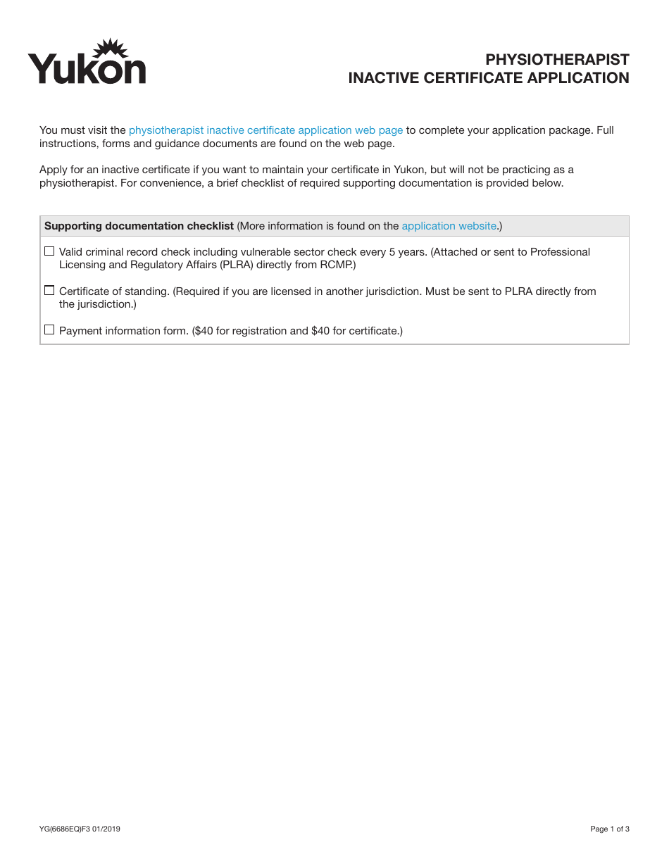 Form YG6686 Physiotherapist Inactive Certificate Application - Yukon, Canada, Page 1