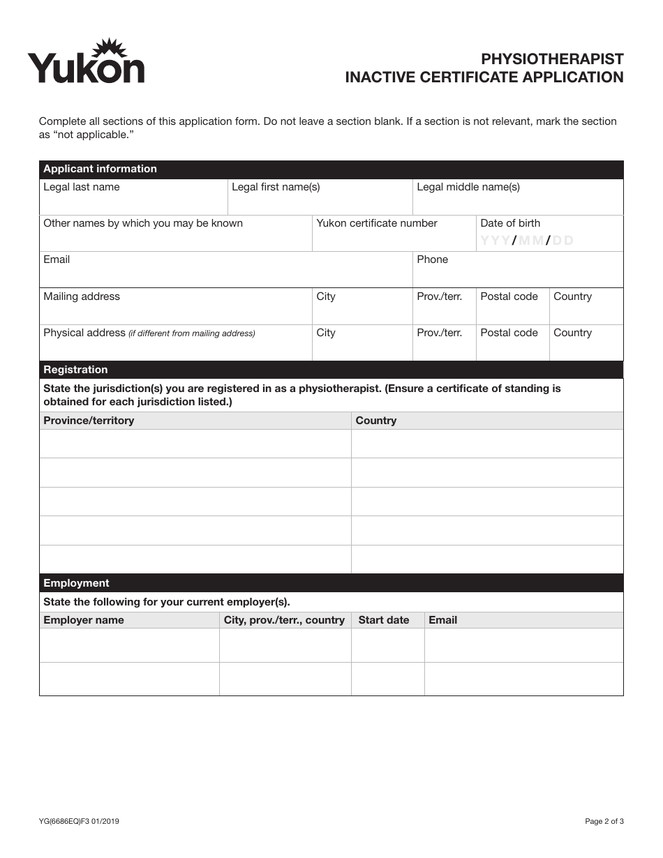 Form YG6686 Physiotherapist Inactive Certificate Application - Yukon, Canada, Page 3