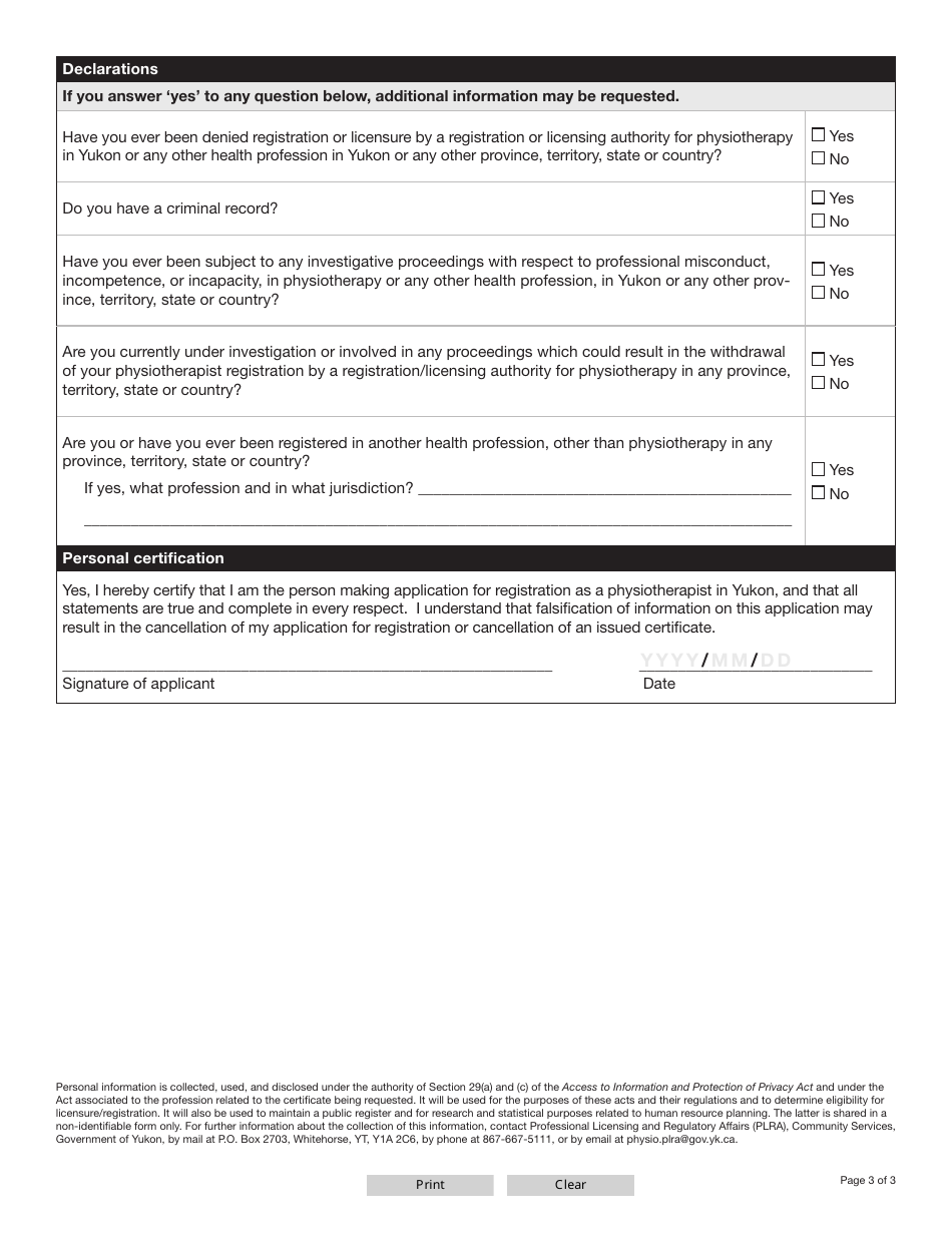 Form YG6686 Physiotherapist Inactive Certificate Application - Yukon, Canada, Page 4