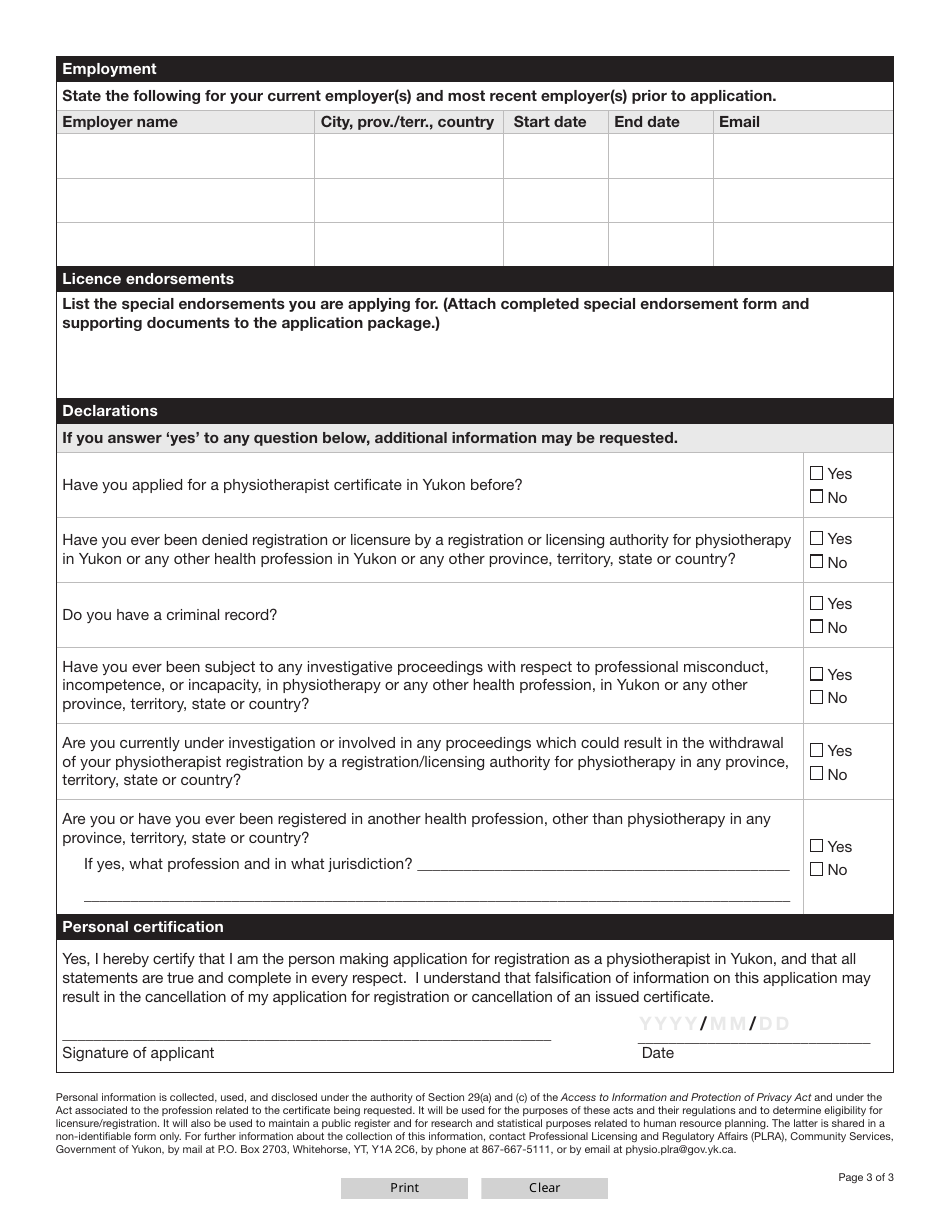 Form YG6685 Physiotherapist Full Certificate Application - Yukon, Canada, Page 4