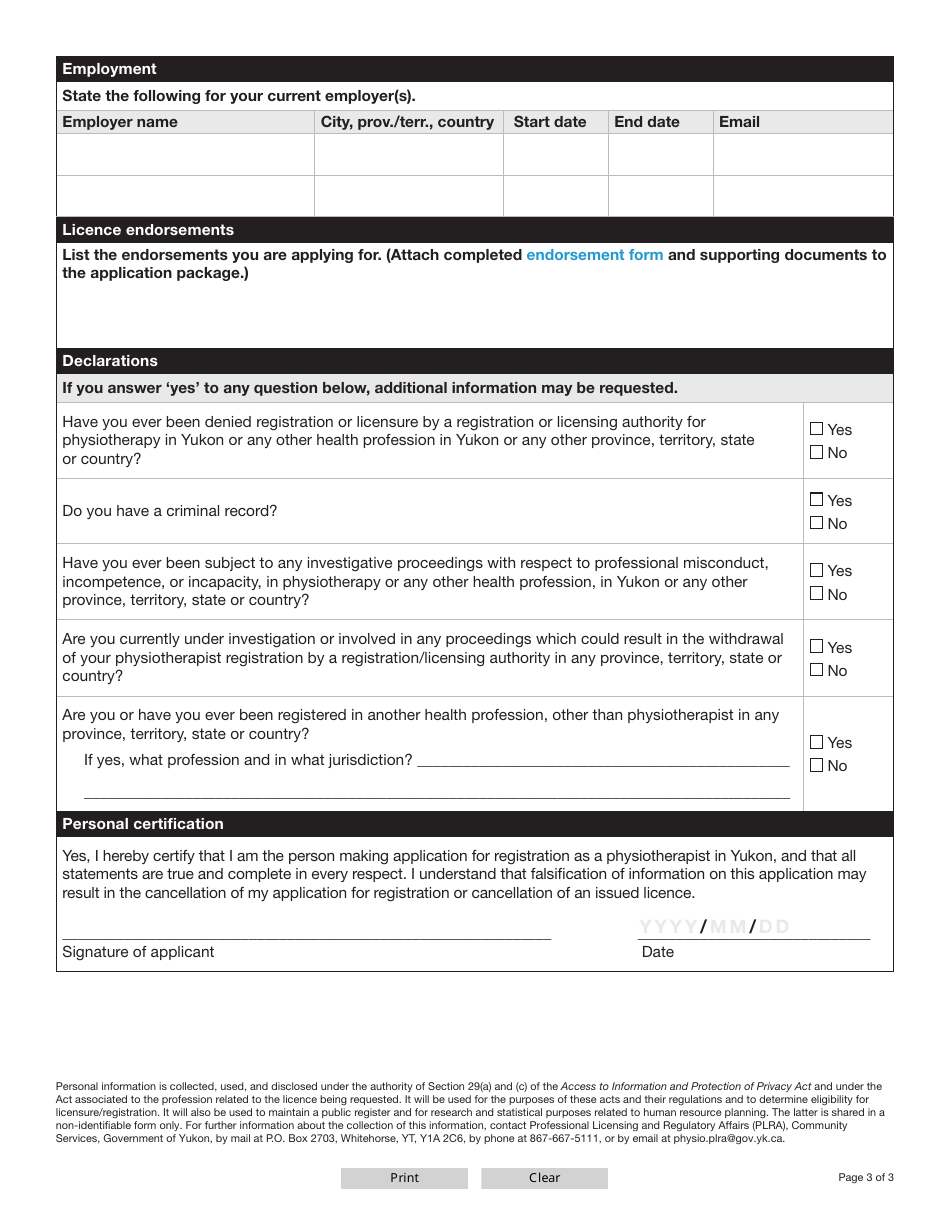 Form YG6668 Physiotherapist Licence Renewal Application - Yukon, Canada, Page 3