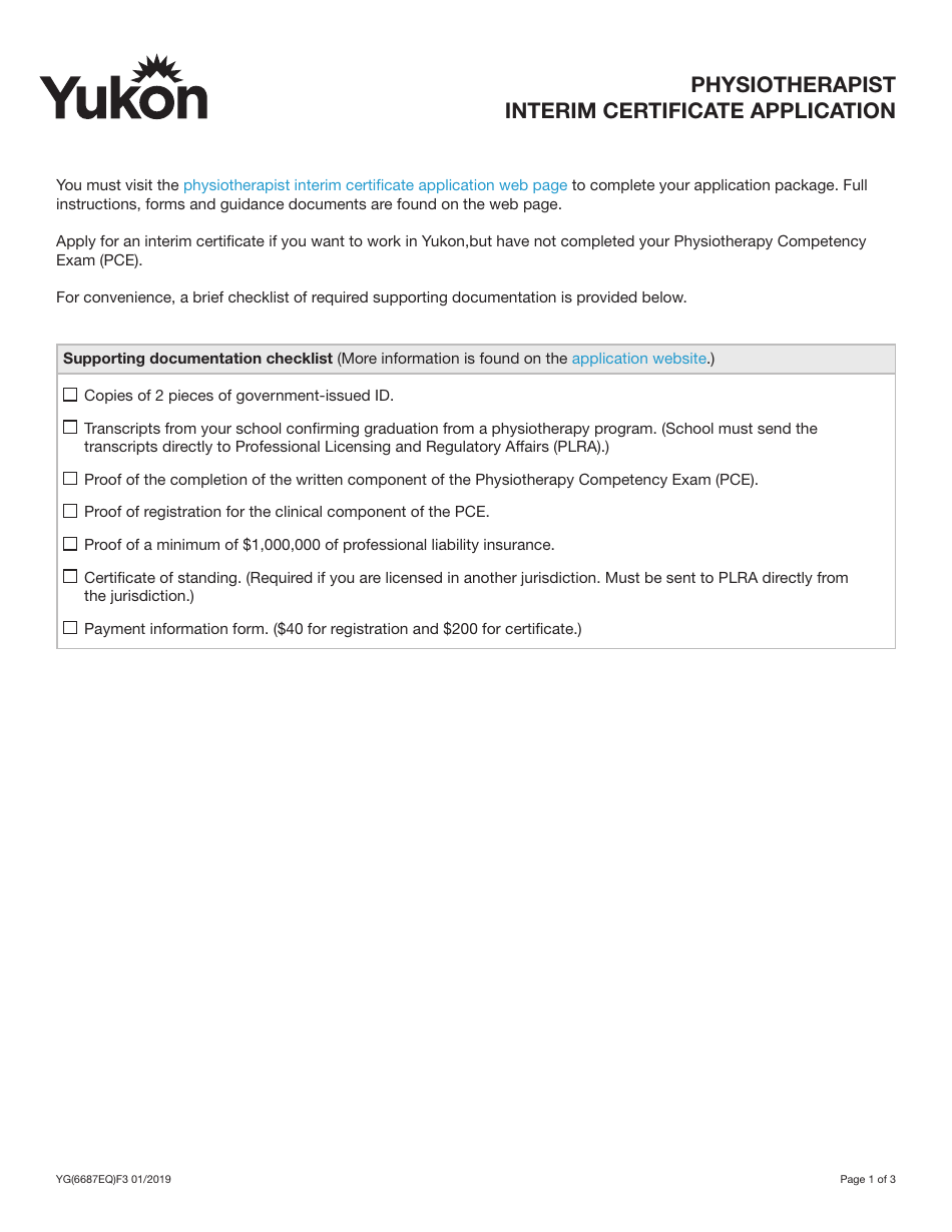 Form YG6687 Physiotherapist Interim Certificate Application - Yukon, Canada, Page 1