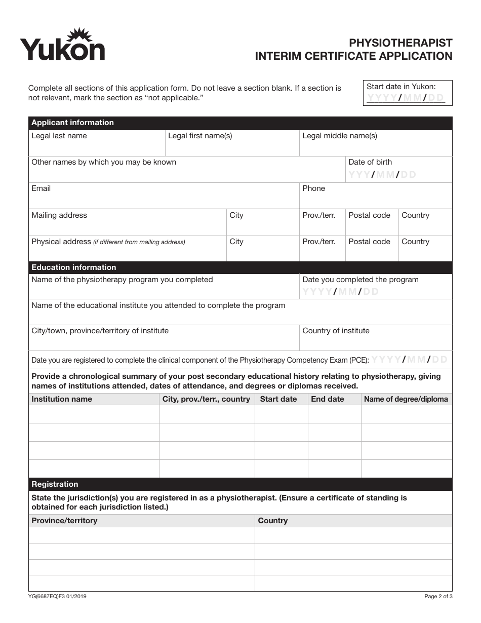 Form YG6687 Physiotherapist Interim Certificate Application - Yukon, Canada, Page 3