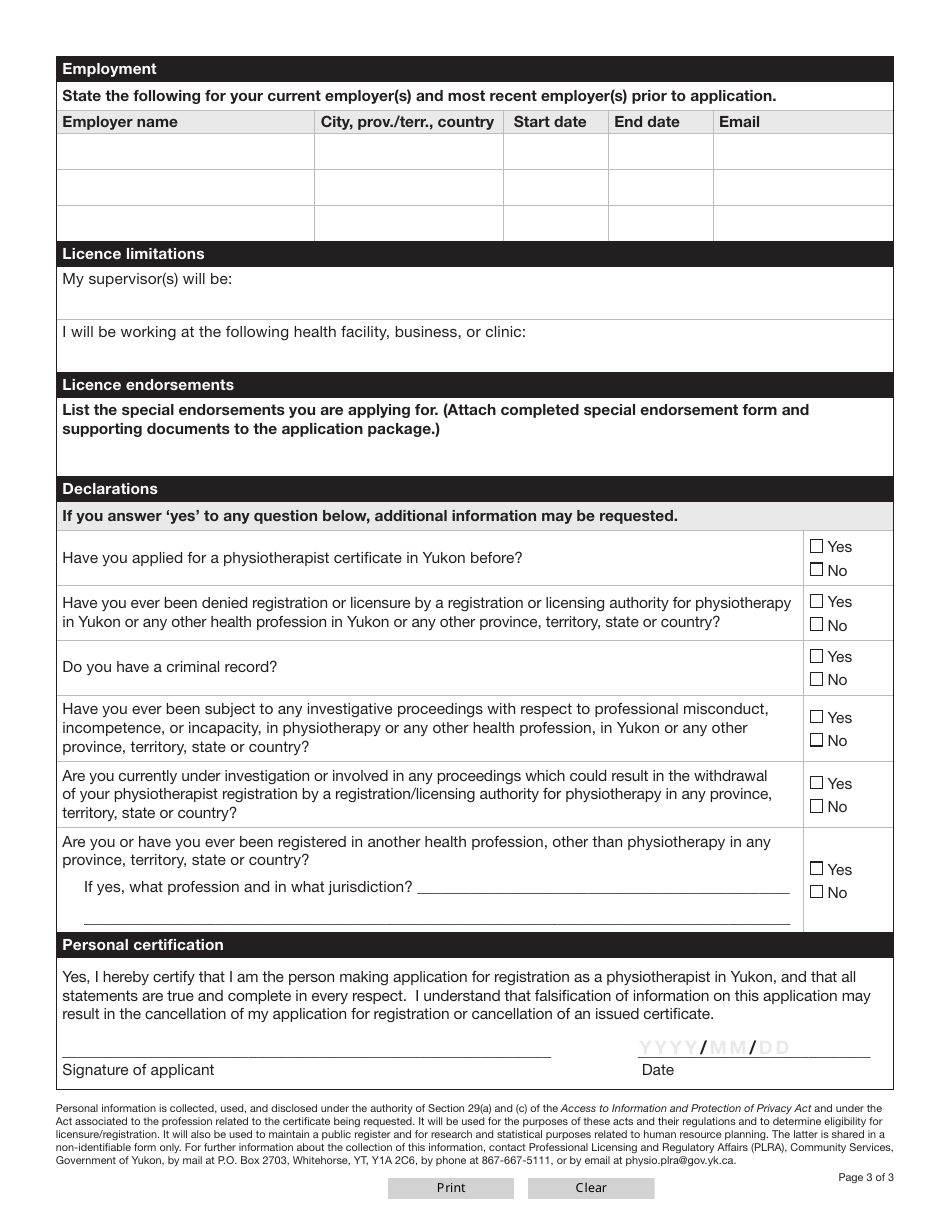 Form YG6687 Physiotherapist Interim Certificate Application - Yukon, Canada, Page 4