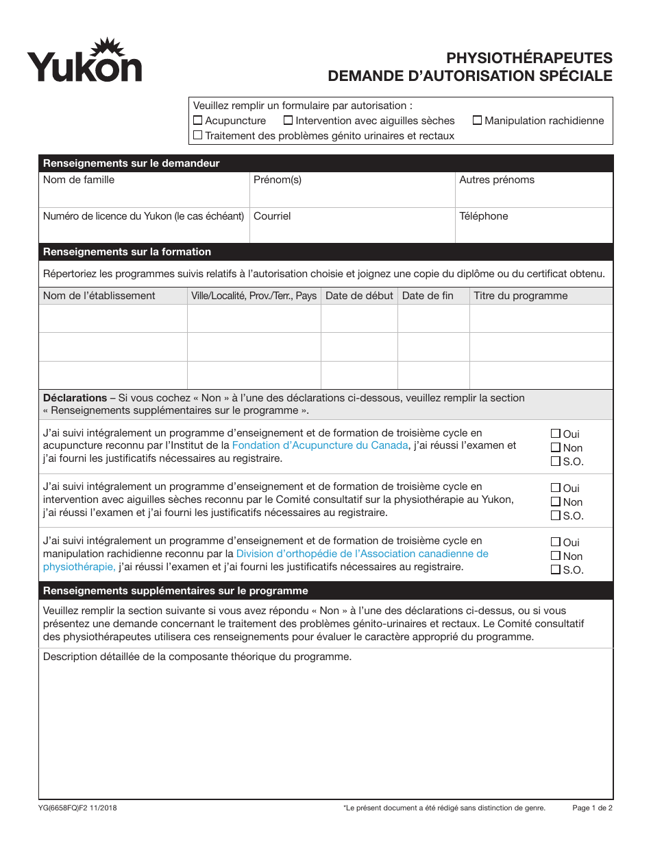 Forme YG6658 Physiotherapeutes Demande Dautorisation Speciale - Yukon, Canada (French), Page 1