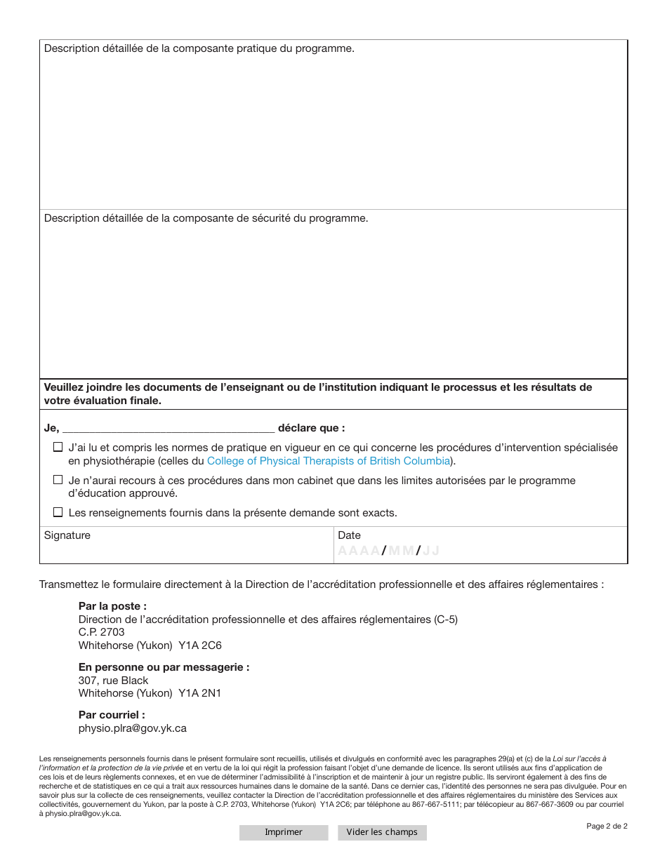 Forme YG6658 Physiotherapeutes Demande Dautorisation Speciale - Yukon, Canada (French), Page 2