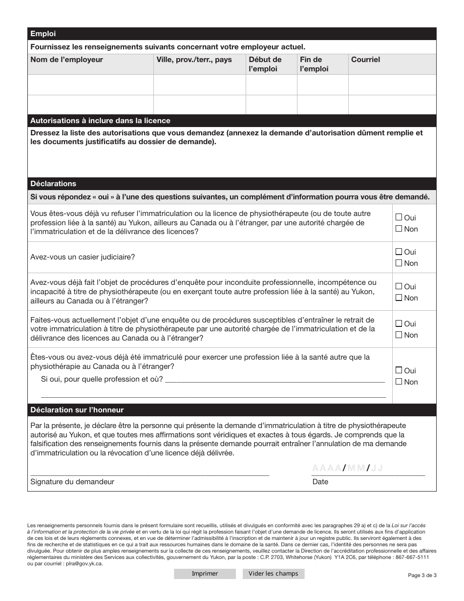 Forme YG6668 Physiotherapist Licence Renewal Application - Yukon, Canada (French), Page 3