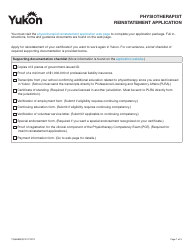 Document preview: Form YG6688 Physiotherapist Reinstatement Application - Yukon, Canada