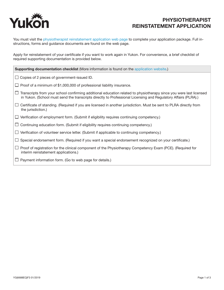 Form YG6688 Physiotherapist Reinstatement Application - Yukon, Canada, Page 1