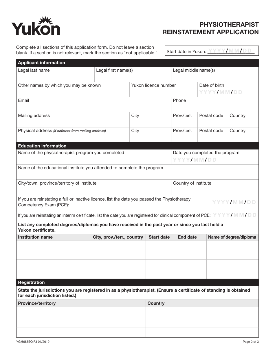 Form YG6688 Physiotherapist Reinstatement Application - Yukon, Canada, Page 3