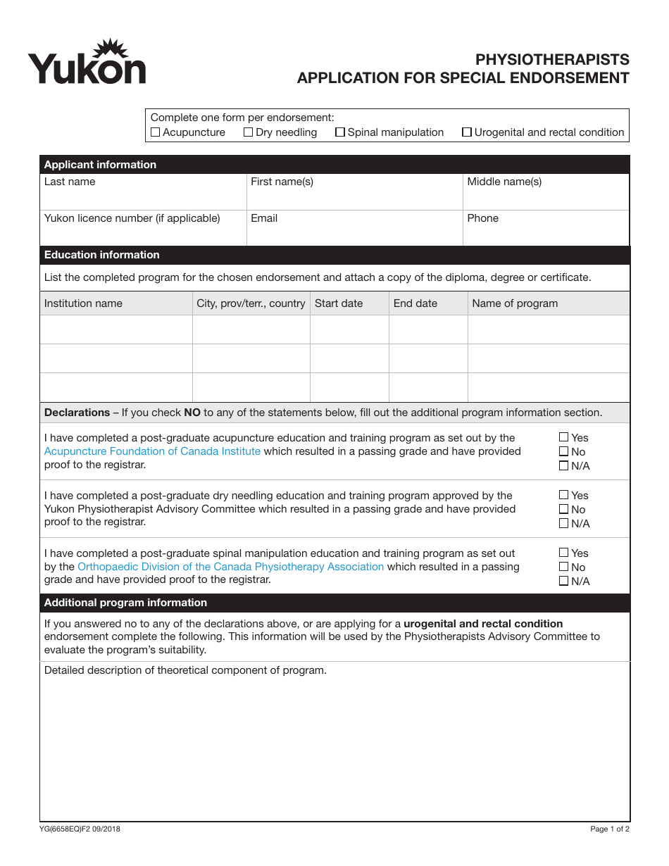 Form YG6658 Physiotherapists Application for Special Endorsement - Yukon, Canada, Page 1