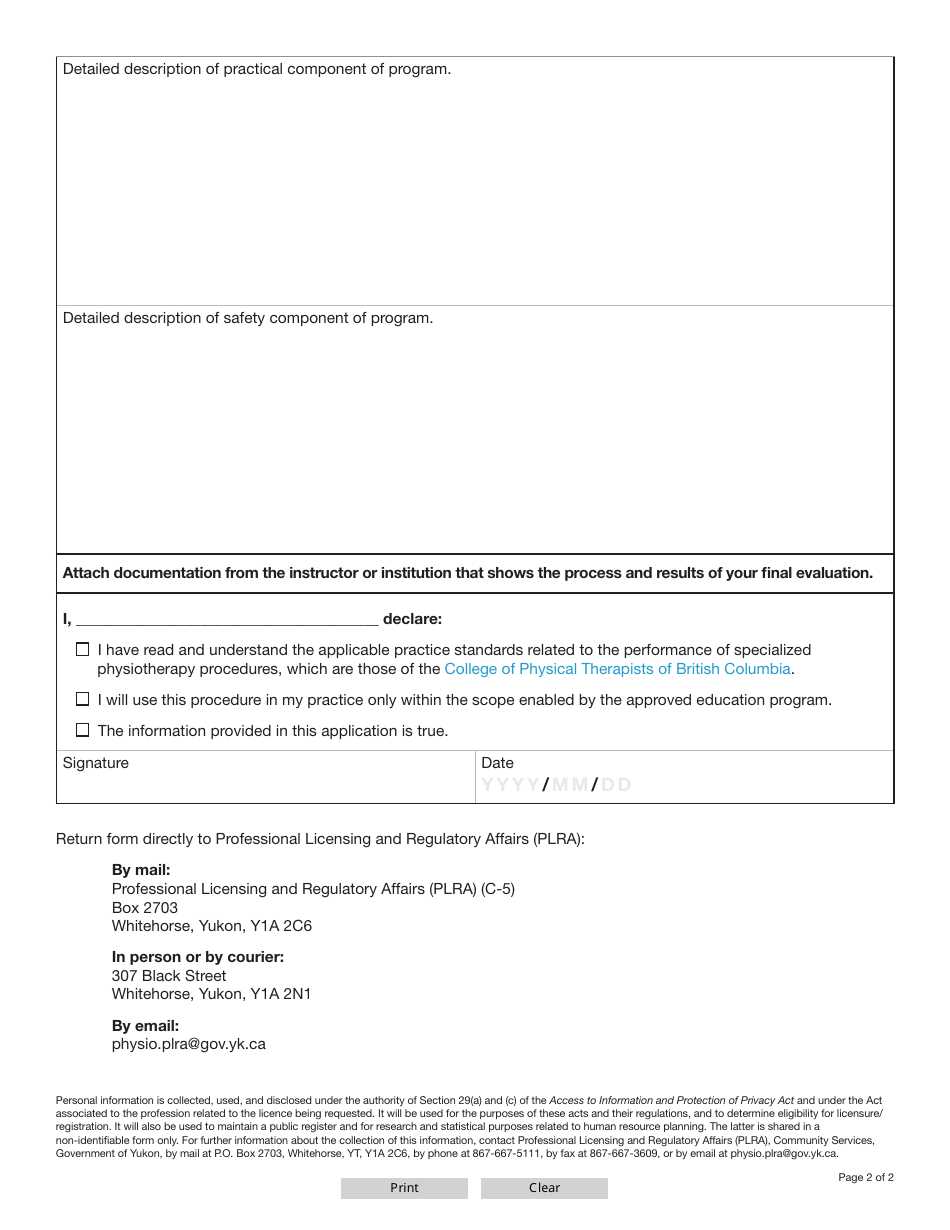 Form YG6658 Physiotherapists Application for Special Endorsement - Yukon, Canada, Page 2