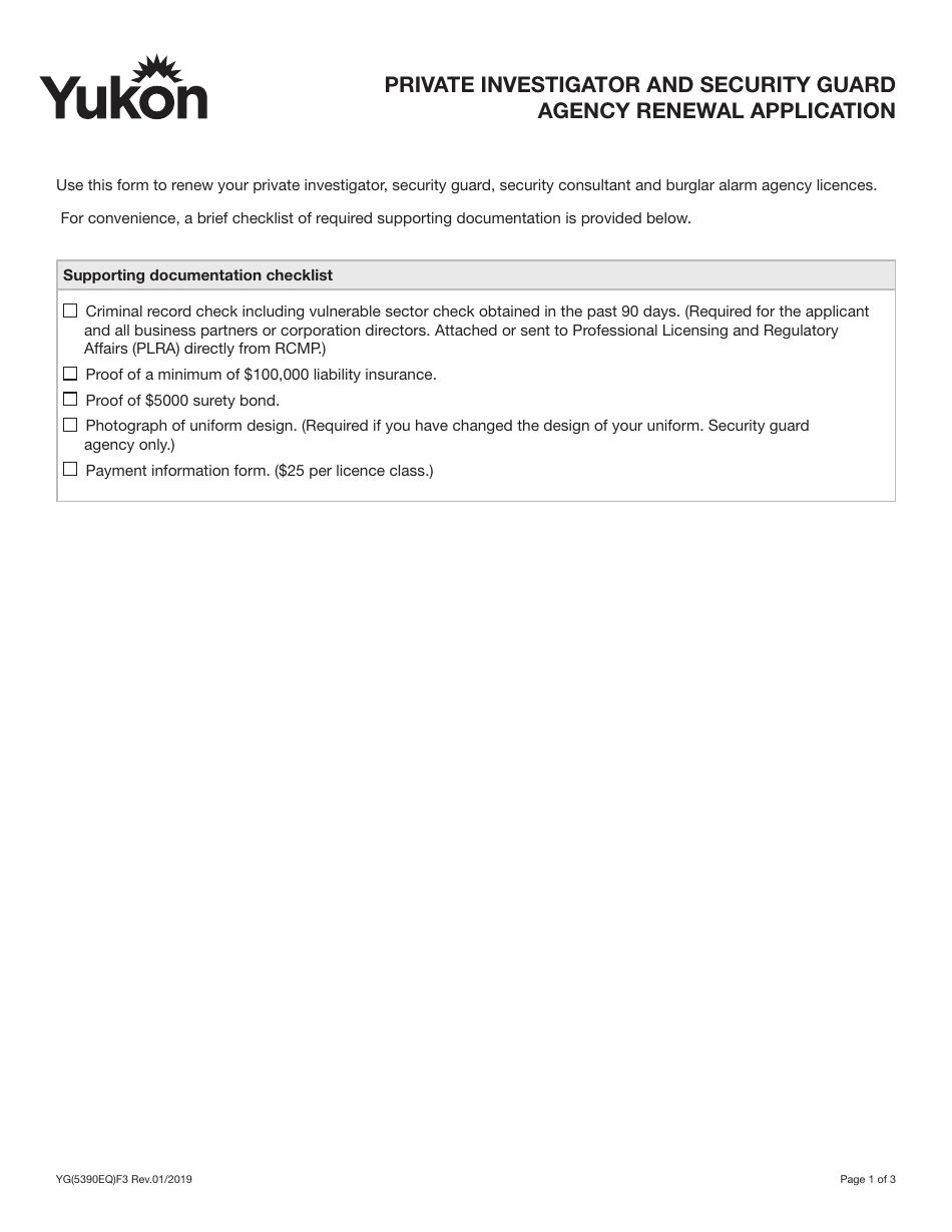 Form YG5390 Private Investigator and Security Guard Agency Renewal Application - Yukon, Canada, Page 1