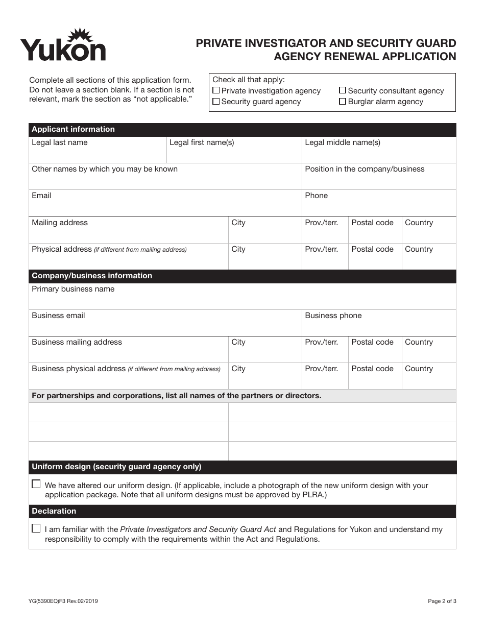 Form YG5390 Private Investigator and Security Guard Agency Renewal Application - Yukon, Canada, Page 3