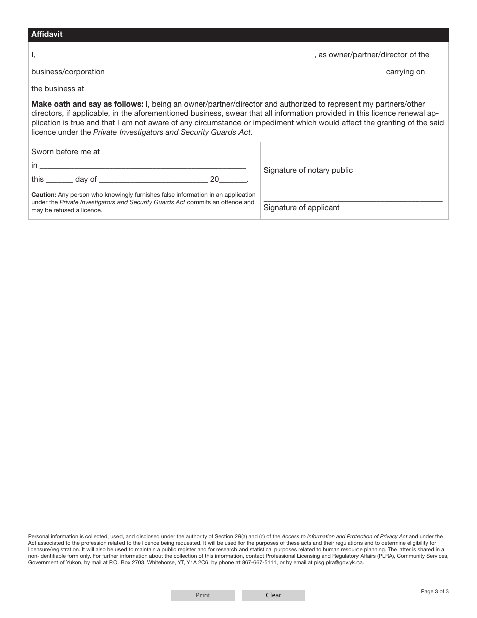 Form YG5390 Private Investigator and Security Guard Agency Renewal Application - Yukon, Canada, Page 4