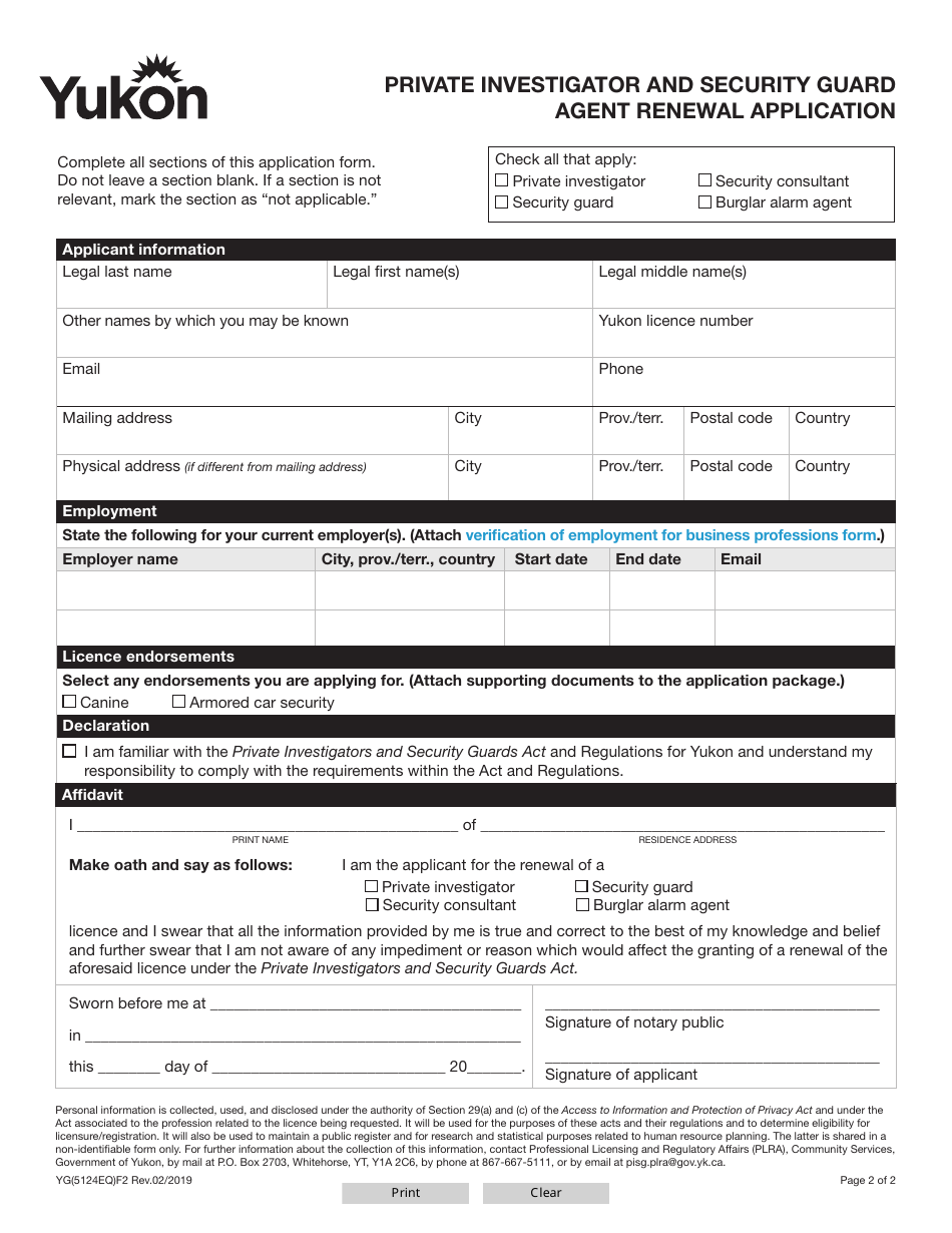 Form YG5124 Private Investigator and Security Guard Agent Renewal Application - Yukon, Canada, Page 2