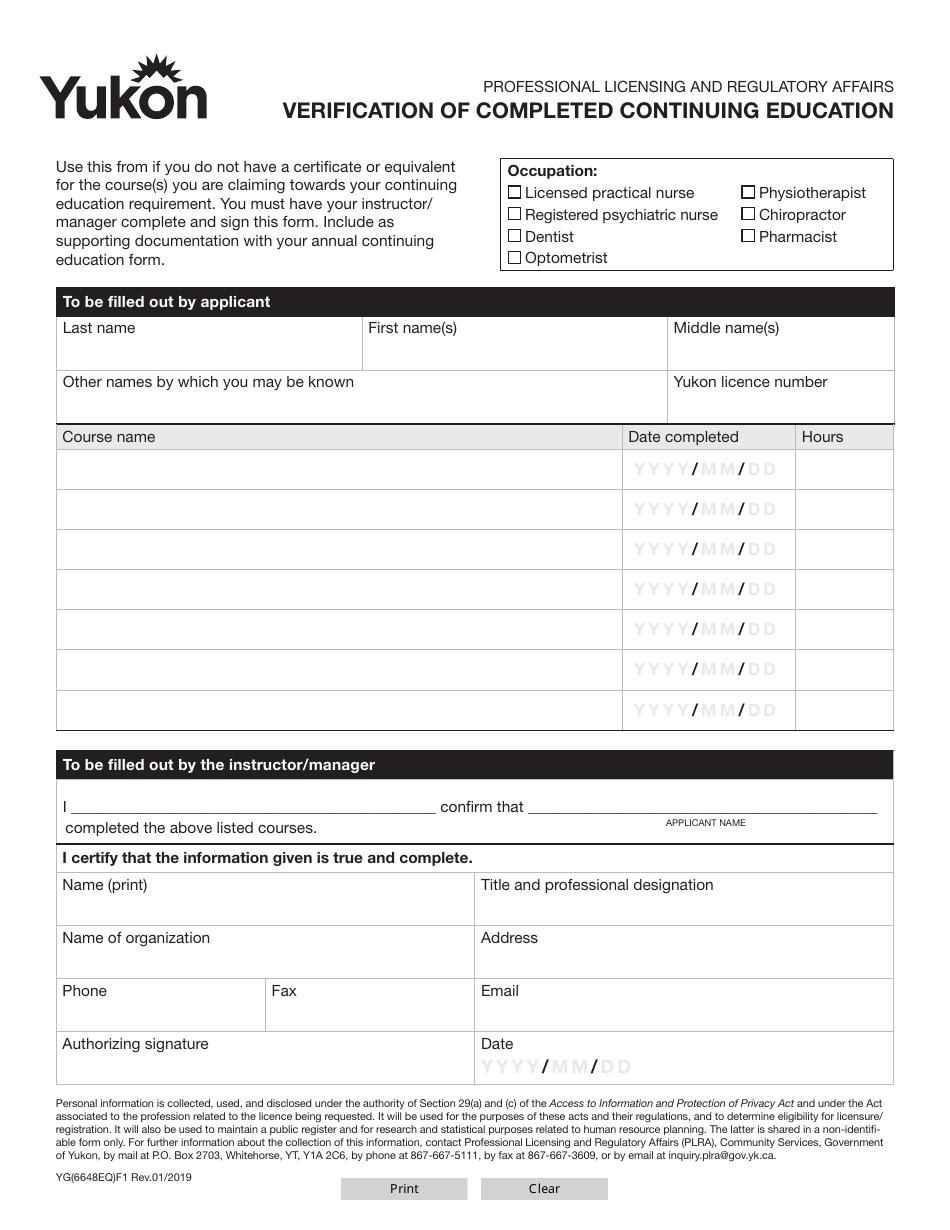 Form YG6648 Verification of Completed Continuing Education - Yukon, Canada, Page 1