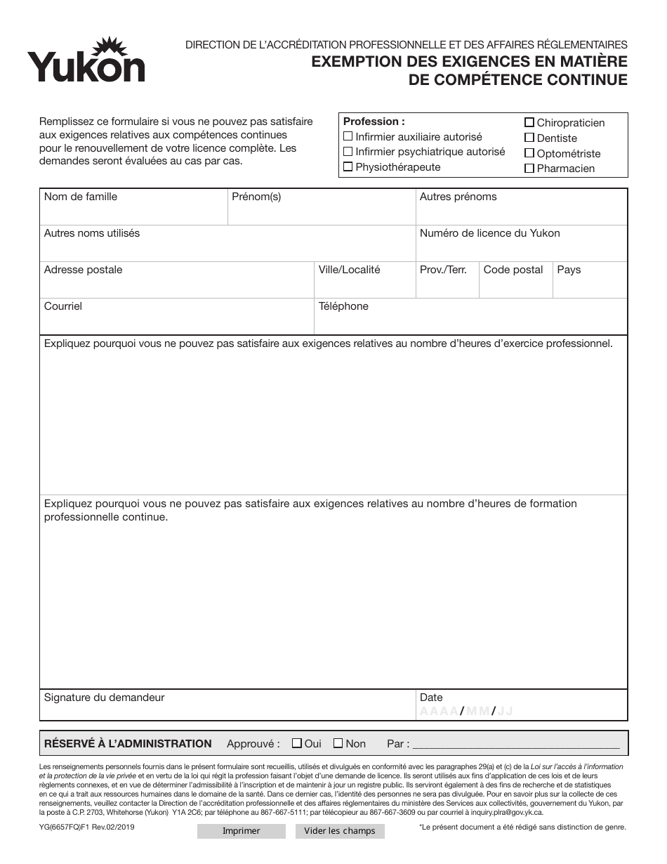 Forme YG6657 Continuing Competency Exemption Request - Yukon, Canada (French), Page 1