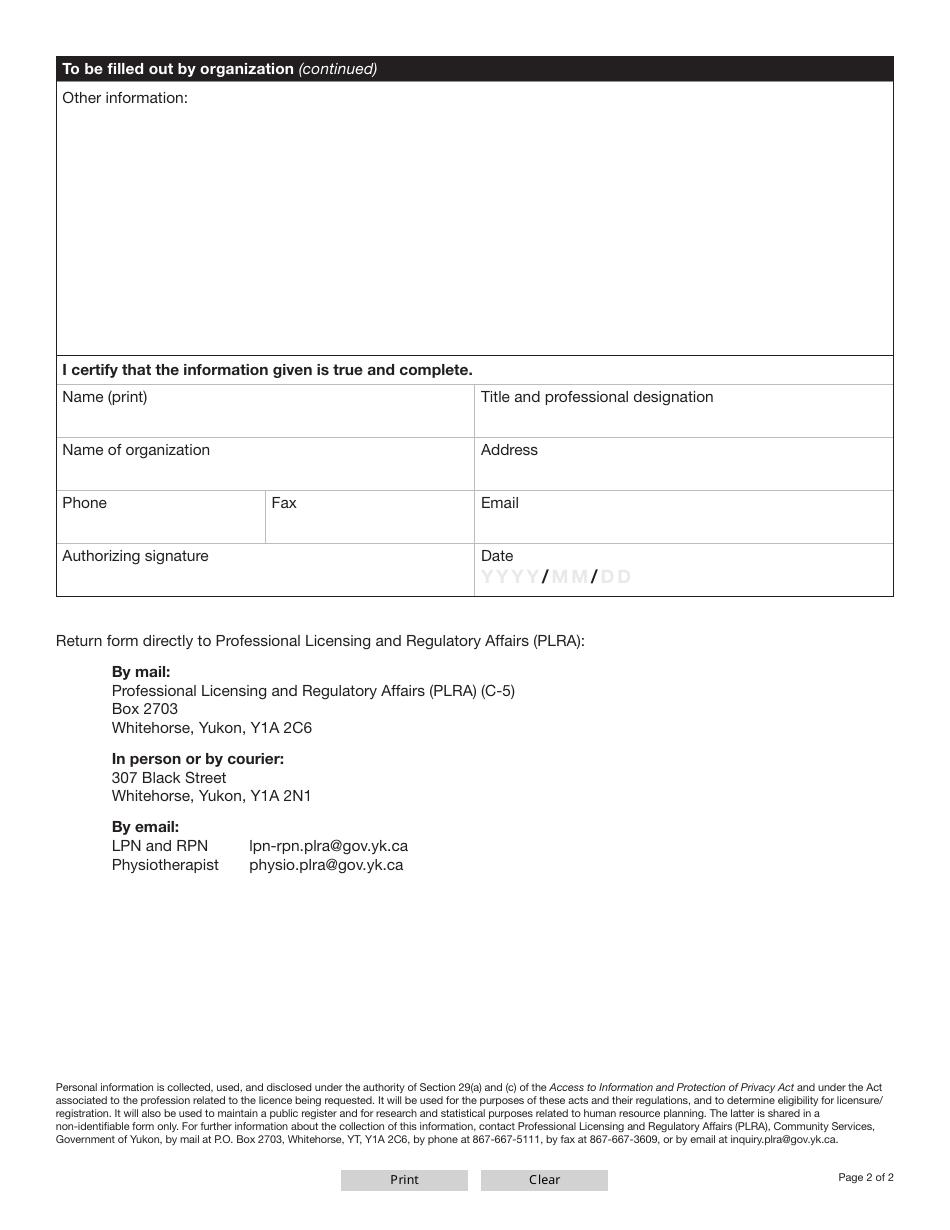 Form YG6646 Verification of Volunteer Hours - Yukon, Canada, Page 2