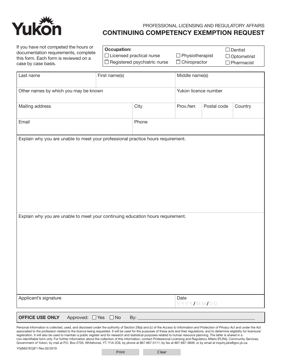 Form YG6657 Continuing Competency Exemption Request - Yukon, Canada, Page 1