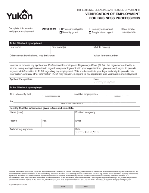 Form YG6699 Verification of Employment for Business Professions - Yukon, Canada