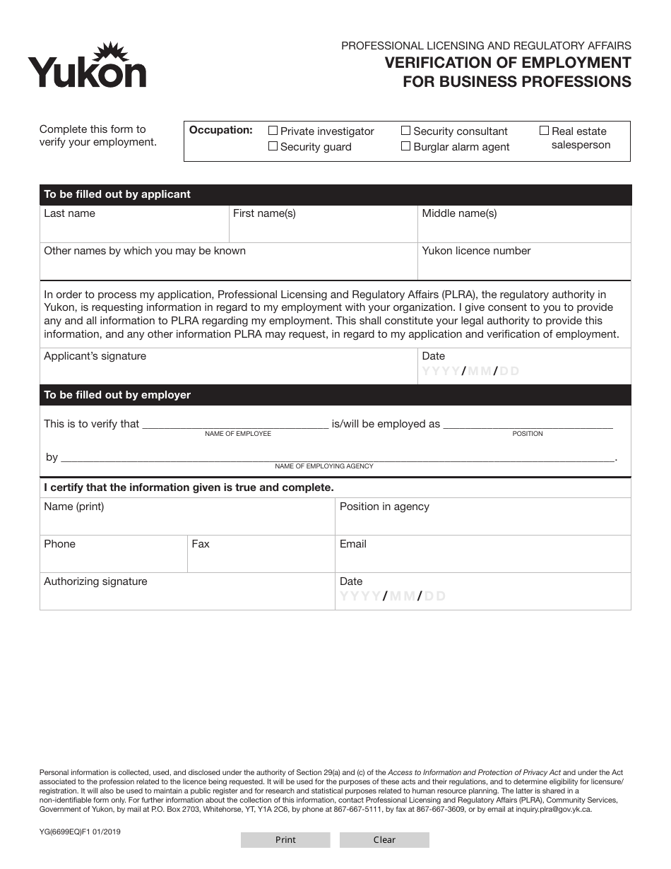 Form YG6699 Verification of Employment for Business Professions - Yukon, Canada, Page 1
