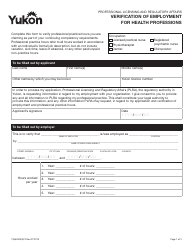 Form YG6520 Verification of Employment for Health Professions - Yukon, Canada