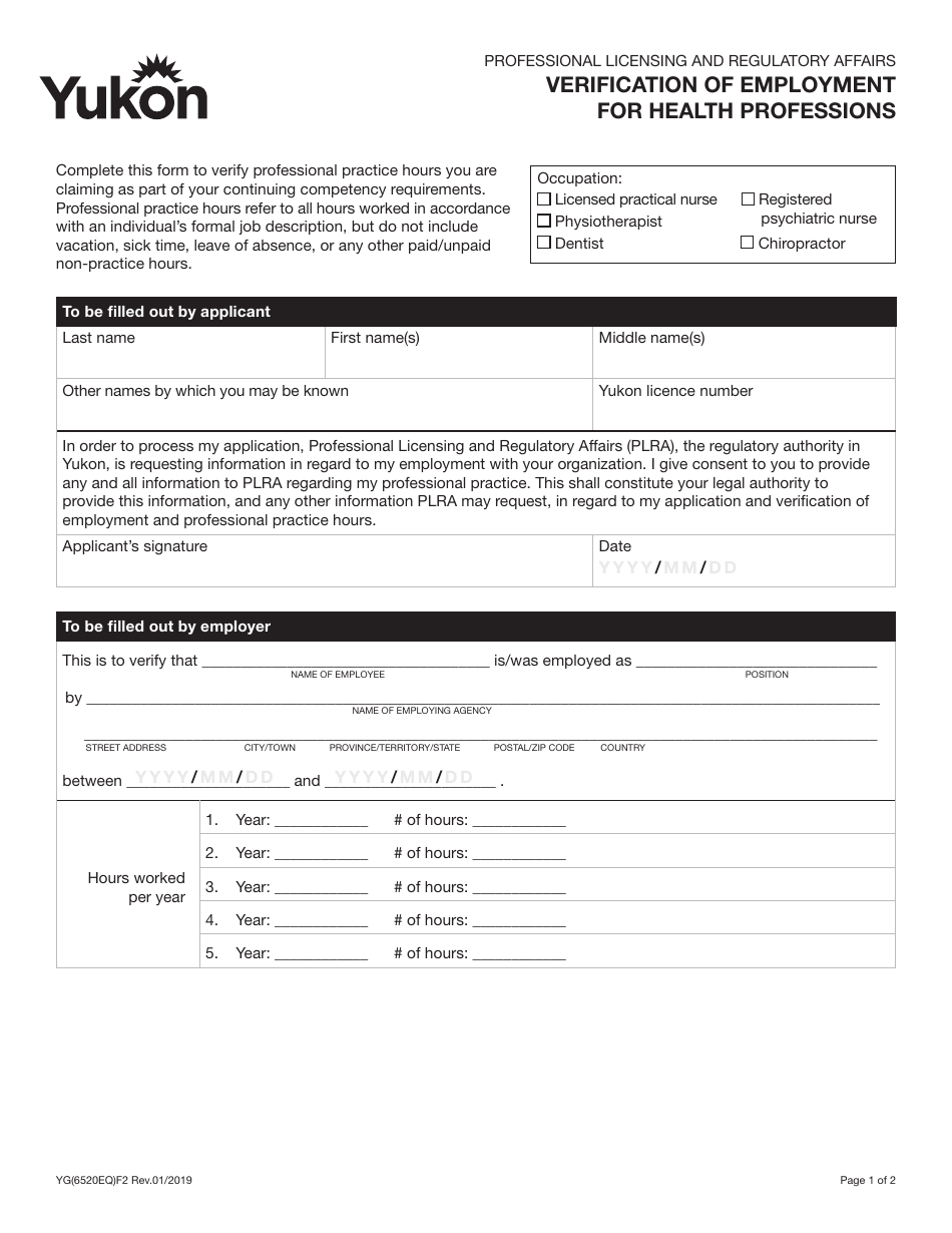 Form YG6520 Verification of Employment for Health Professions - Yukon, Canada, Page 1