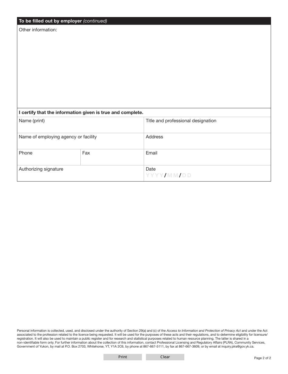 Form YG6520 Verification of Employment for Health Professions - Yukon, Canada, Page 2