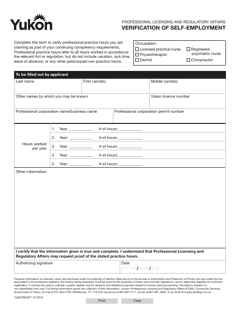 Form YG6700 Verification of Self-employment - Yukon, Canada