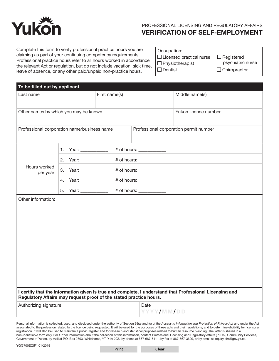 Form YG6700 Verification of Self-employment - Yukon, Canada, Page 1