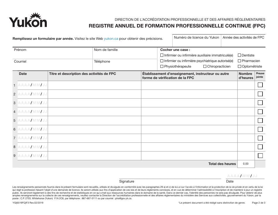 Forme YG6519 Annual Continuing Education (Ce) - Yukon, Canada (French), Page 2